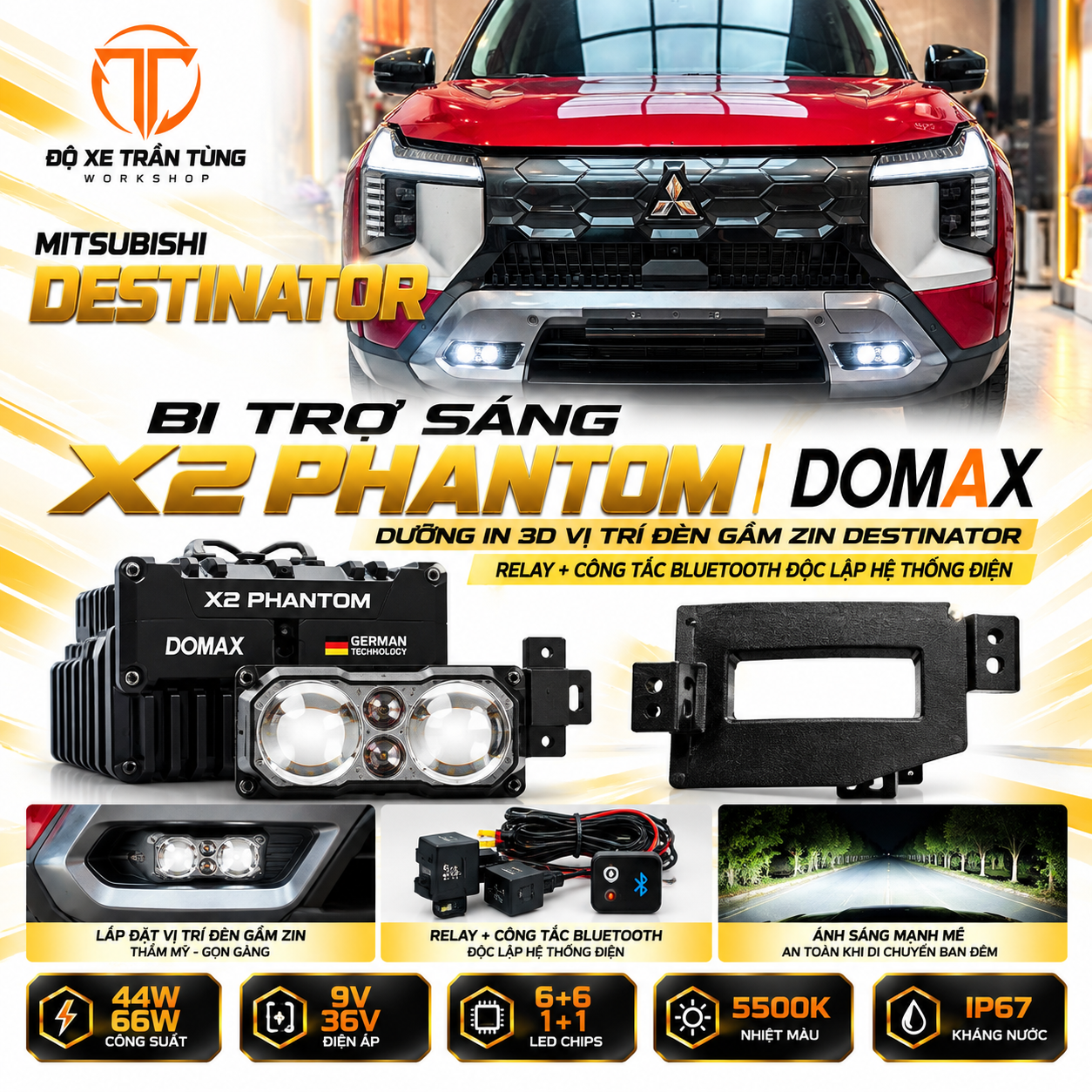 Độ Bi Trợ Sáng X2 Phantom Domax Mitsubishi Destinator – Dưỡng In 3D Đèn Gầm Zin
